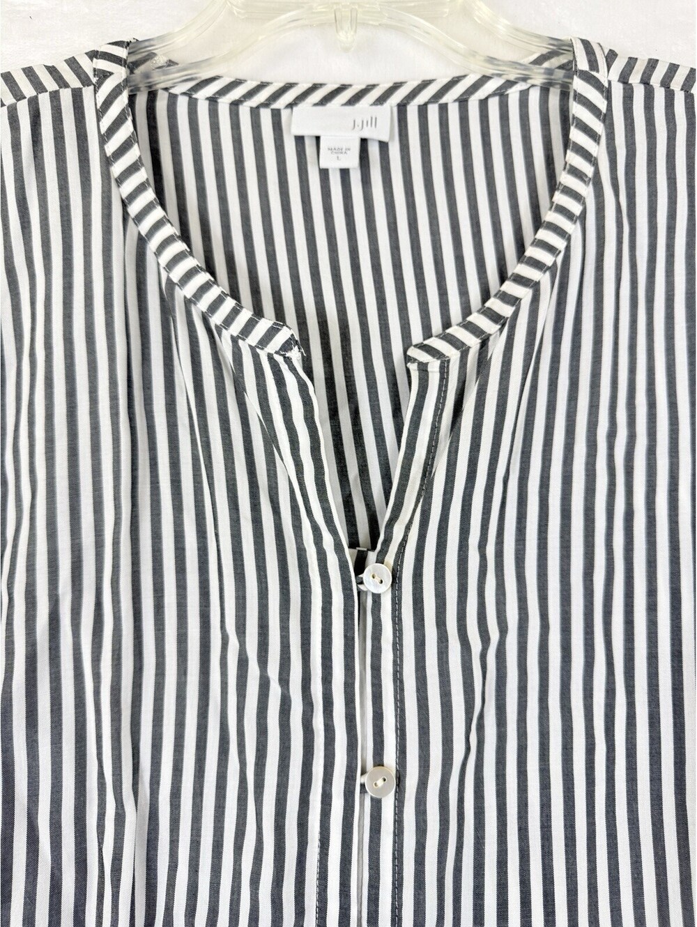 J Jill Large Top Tunic Blouse Gray White Stripe Lightweight Long Sleeve Roll Tab